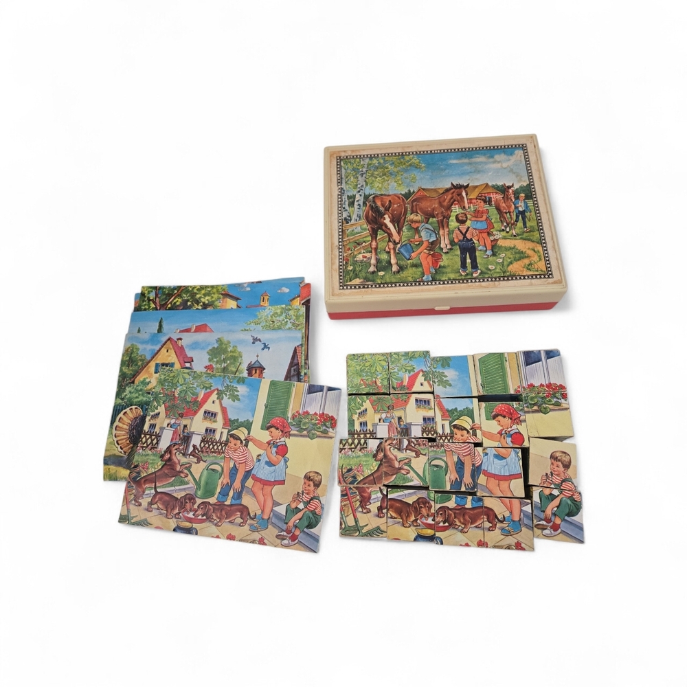 Vintage Block Puzzle Set with Farm Scenes